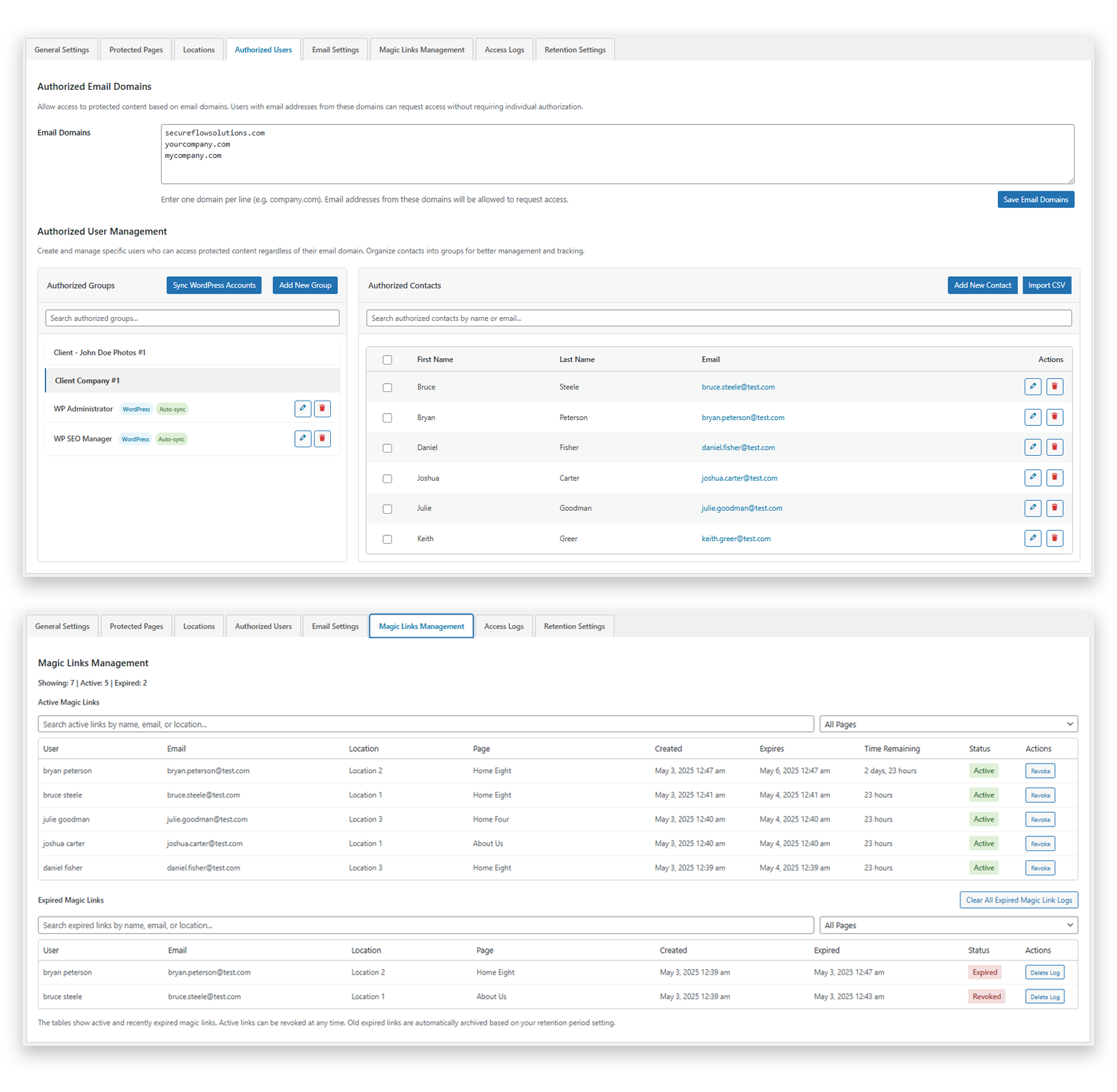WP Secure Flow dashboard showing WordPress page access controls, password rotation, and magic link settings