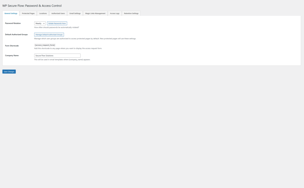 WP Secure Flow general settings screen showing password rotation, default authorized groups, and WordPress shortcode for access form