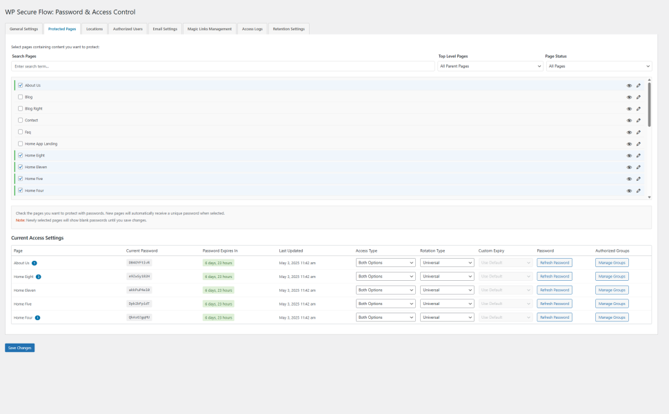 WP Secure Flow protected pages screen showing WordPress page selection with automatic passwords, expiry timers, and access type configuration