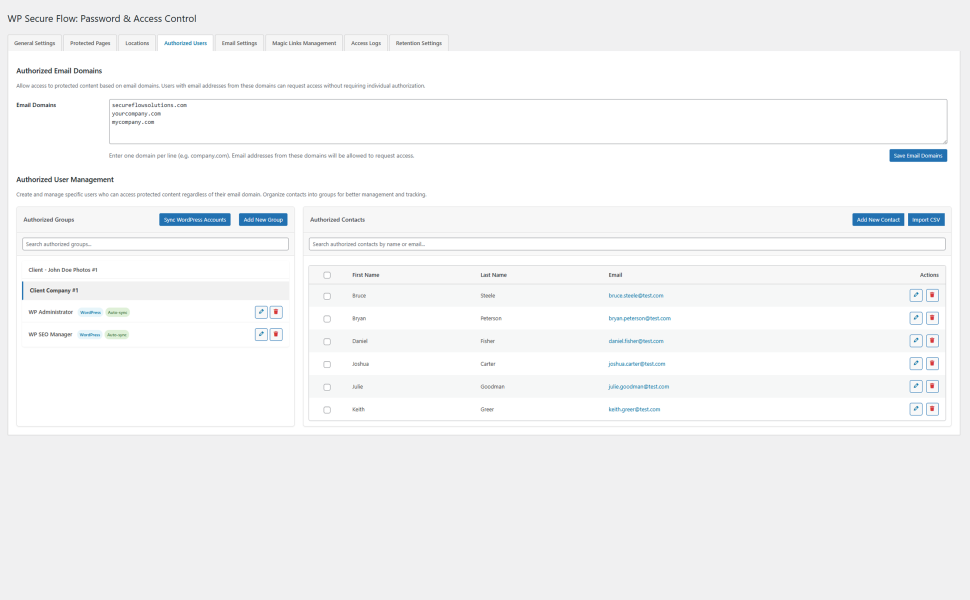 Authorized users dashboard in WP Secure Flow for managing WordPress user groups, email domain access, and individual contact permissions