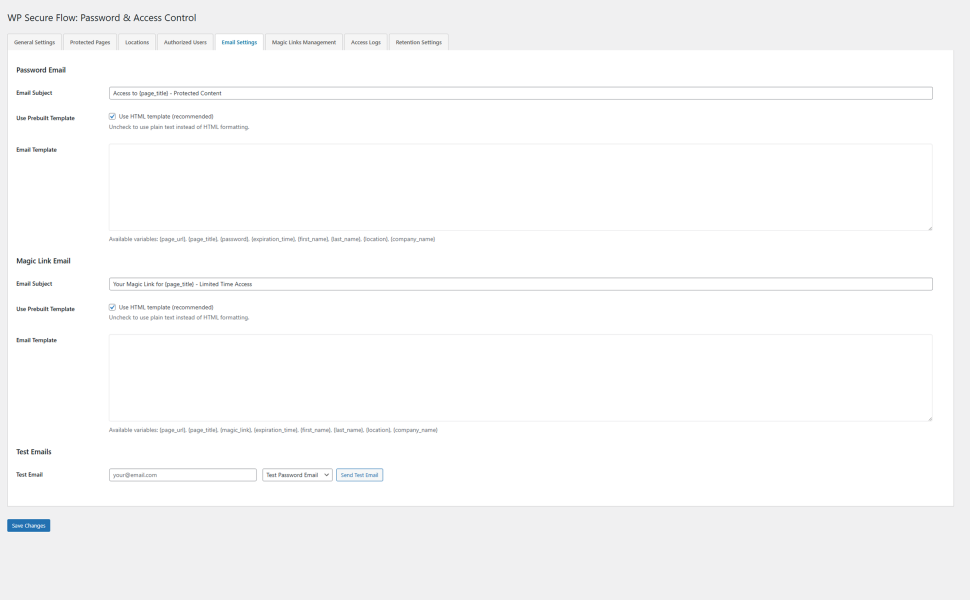 Email notification settings for password and magic link delivery in WP Secure Flow WordPress plugin