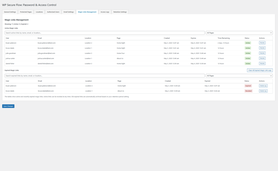Manage active and expired magic links for WordPress protected pages using WP Secure Flow plugin