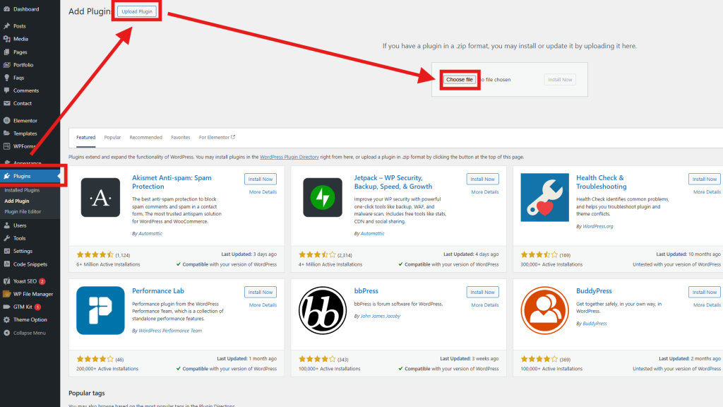 WordPress dashboard screenshot highlighting Plugins › Add New, the 