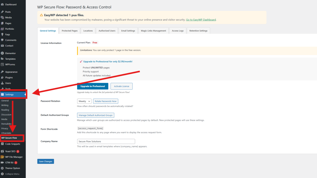 WP Secure Flow WordPress plugin settings panel showing license activation, password rotation, and access control configuration under the Settings menu.